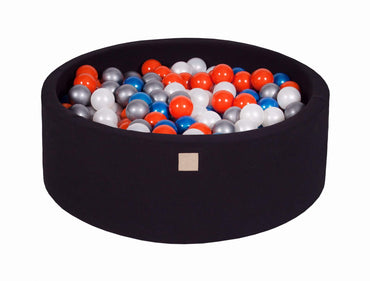 Ronde Ballenbak 200 ballen 90x30cm - Zwart met Parel blauwe, Pare witte, Zilvere en Oranje ballen